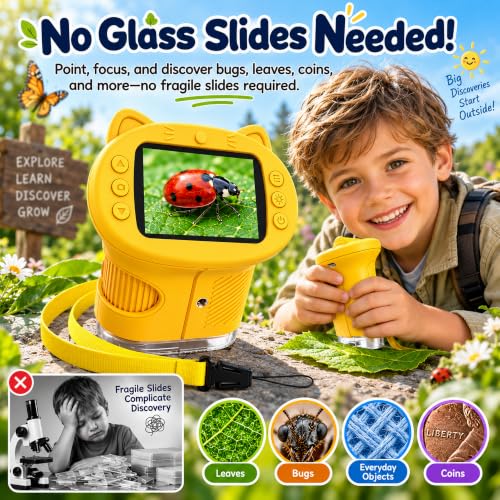 Kids Microscope, 1000X Portable Mini Pocket Microscope with 2.4″ IPS Screen & 8 LEDs, Rechargeable, STEM Educational Science Kit Toys, Best Christmas Birthday Gifts for 4-12 Year Old Girls - color: Goldenrod
