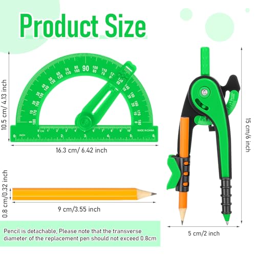 Zonon 2 Pcs Protractor and Compass Set, Swing Arm Protractor, Green - color: Green