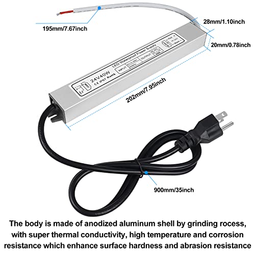 inShareplus LED Power Supply, 24V 40W IP67 Waterproof Outdoor Driver, AC 110-260V to DC 24V 1.7A Low Voltage Transformer, Adapter with 3-Prong Plug for LED Light, Computer Project, Outdoor Use - style: 24V 40W