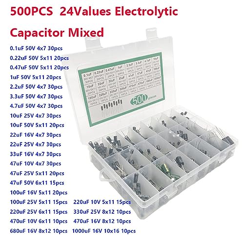 HiLetgo 500pcs Electrolytic Capacitor Assortment Kit Box 0.1uF-1000uF 24 Values Mixed DIP Electrolytic Capacitors Kit 10V 16V 25V 50V with Transparent Storage Box