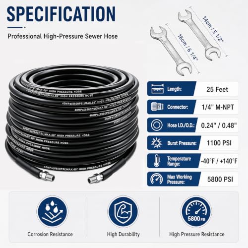 Sewer Jetter Kit for Pressure Washer 50FT, 5800PSI Drain Cleaner Hose 1/4 Inch NPT Corner Rotating and Button Nose Sewer Jetting Nozzle,Sewer Jetting Nozzles Kit with Spanner (50FT) - size: 50FT
