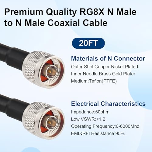 MOOKEERF RG8X N Male to N Male Cable 20FT,Ultra Low Loss N Cable 50 ohm RG8X Stranded Core for WiFi Router,Amplifier,Antenna,Signal Booster Use - size: 20FT