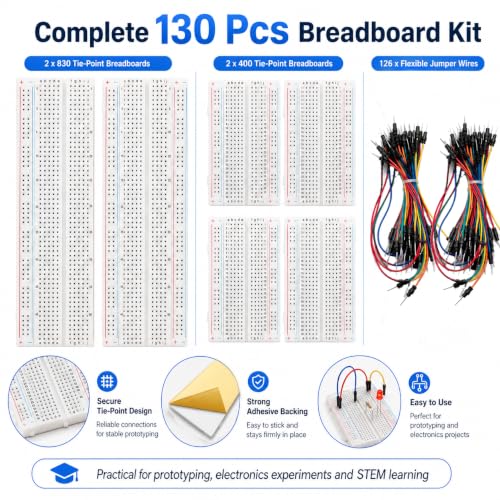 Breadboard Kit with 2 Pcs 830 Tie-Point Solderless Bread Boards, 2 Pcs 400 Tie-Point Protoboards and 126 Pcs Flexible Jumper Wires for Arduino, Raspberry Pi, STEM Electronics Projects