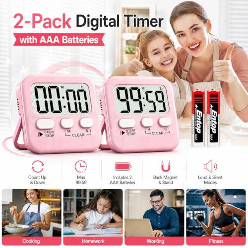 Antonki 2 Pack Digital Timer for Kids Classroom Kitchen Timers for Cooking - color: Relaxing Pink