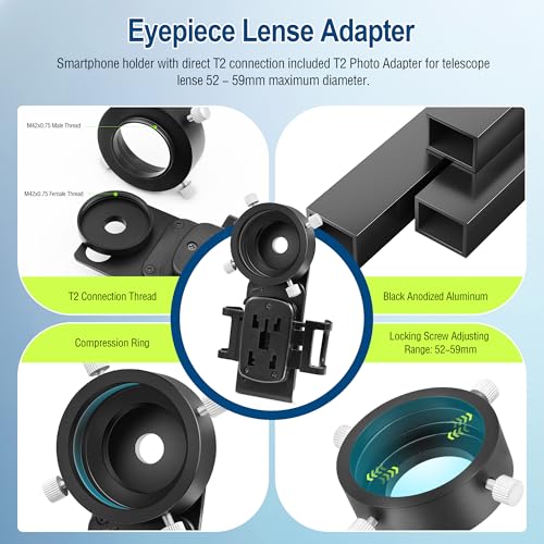 Astromania Smartphone Adapter with T2 Thread and Eyepiece Adapter 52-59m - size: IPhone and Eyepiece Adapter 52 - 59mm