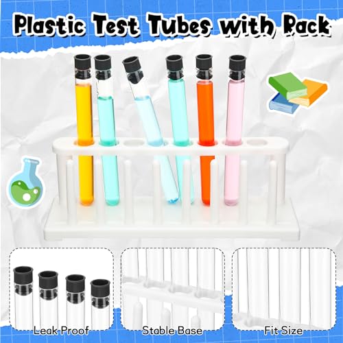 2 Sets Test Tubes with Rack, 16 Pcs Clear Plastic Test Tubes with Caps and 2 Pcs 8 Holes Holder Rack with 8 Drying Pins Stand for Scientific Experiment Nurse Party Favors