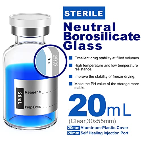 Biomed Solutions Empty Sterile Vial Sealed with Butyl Rubber Stopper and Flip Top Closure,Type 1 Borosilicate Glass Tubing,Individually Packed (20mL 8Pcs) - size: 20mL 8Pcs