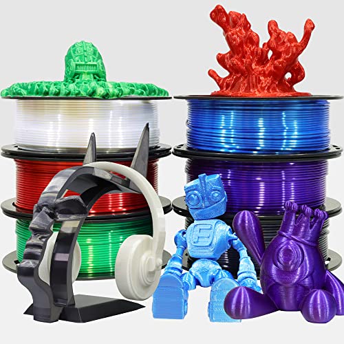 1.75mm Silk Shiny PLA 6 in 1 Basic Colors Bundle Pack: Silk Black/Red/White/Sapphire Blue/Dark Purple/Green; Each Spool 250g, 6 Spools Packed, Total 1.5Kg 3D Printing Filament Material MIKA3D - color: White+black+red+sapphire Blue+dark Purple+green