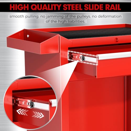 Oakcloud Heavy-Duty 5-Drawer Rolling Tool Chest & Cabinet Combo with Black Liner – Lockable Steel Garage Tool Box on Wheels – Detachable Top Toolbox & Bottom Storage Cart with Side Hooks, Red - color: Red, size: 5-drawer