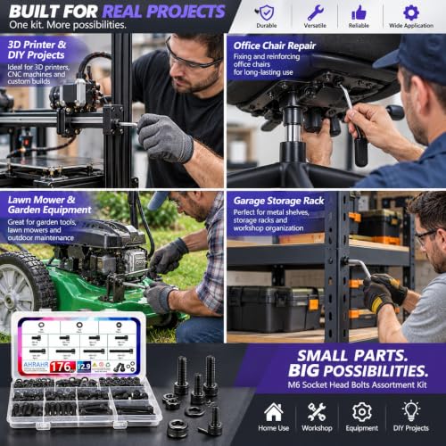 176PCS M6 Hex Socket Head Cap Screws Assortment Kit, 12.9 Grade Alloy Steel Black Zinc Plated M6x8/10/12/16/20/25/30/35mm Bolts Nuts Washers Set, Anti Rust Hardware for 3D Printer DIY Machinery Repair - color: M6 176 pcs