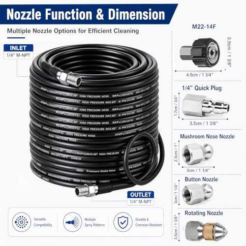Sewer Jetter Kit for Pressure Washer 100FT, 5800PSI Drain Cleaner Hose 1/4 Inch NPT Corner Rotating and Button Nose Sewer Jetting Nozzle Pearl Corsage Pin Waterproof Tape with Spanner (100FT) - size: 100FT