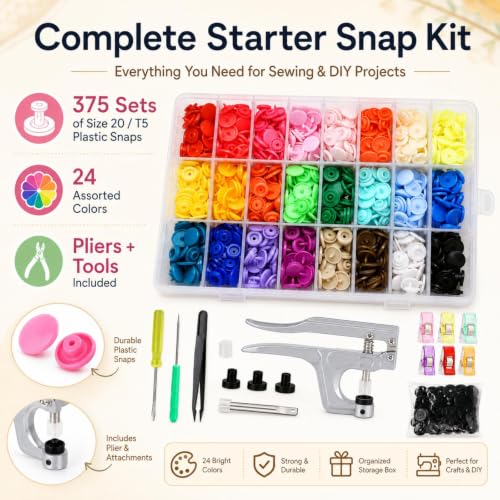 LIHAO Snap Button Kit with Pliers, 375 T5 Plastic Snaps, 24 Colors