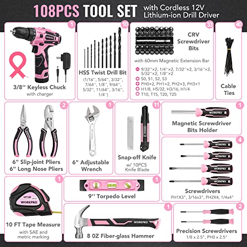 WORKPRO 12V Cordless Pink Drill Set for Women, Home Tool Kit with Tool box - color: Pink