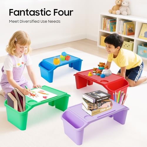 4 Pack Kids Lap Desk, Portable Kids Lap Tray with Side Storage, Stackable Plastic Desk for Drawing Reading Doing Homework, Lightweight, Easy to Clean, with Cup Holder and Phone Slot - size: Small