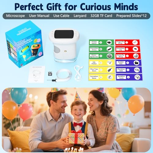 Odatay 2.4" 4K 1000X Digital Kids Microscope with 32G Card 12 Slides, White - color: White