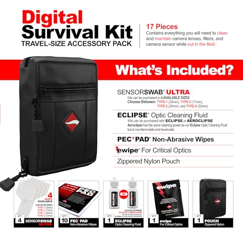 Photographic Solutions Digital Survival Kit - Type-4 (33mm) Sensor Swabs, PEC-PAD Photo Wipes, E-Wipe Packet, Eclipse Optic Cleaning Fluid - Camera Cleaning Kit with Travel Bag - size: Type-4 (33mm)