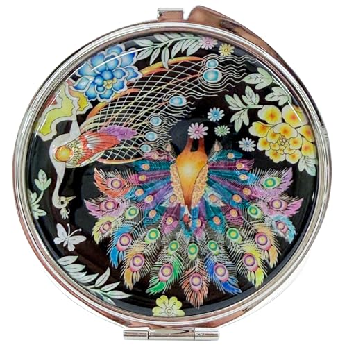 Portable Makeup Compact Double Magnifying Mirror Cosmestic Foldable Pocket Style Unique Mother of Pearl Design (Peacock) - color: Peacock