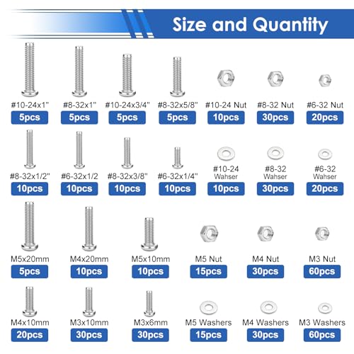 smseace 495Pcs SAE&Metric Nuts and Bolts Assortment Kit 26-Sizes M3/M4/M5#6-32#8-32#10-24 Phillips Pan Head Nut Bolt Washer Assortment Kit for Machinery, Furniture, Automotive, Motorcycle Repair - color: Silver, size: 495Pcs SAE&Metric