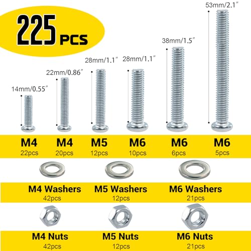 225pcs M4M5M6 Pan Head Machine Screws Assorted Kit,14/22/28/38/53 mm - size: S M4M5M6 225pcs