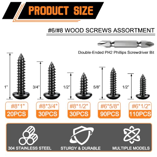 Dianrui 280 PCS 304 Stainless Steel Screws, #6#8 Black Wood Screws Assortment Kit, Assorted Sheet Metal Screws, Phillips Drive Pan Head Assorted Sheet Metal Screws Marine Grade 1”,3/4”,5/8”,1/2” - color: Black, size: 280PCS #6#8
