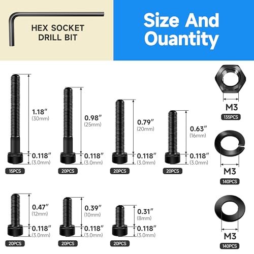 550 Pieces M3 Bolts, Hex Socket Head Cap Metric Screws Assortment Kit, M3 Screws and Washers/Nuts/Hex Wrenches, Black Oxided Carbon Steel Assorted Screws - color: Black, size: 550Pcs M3
