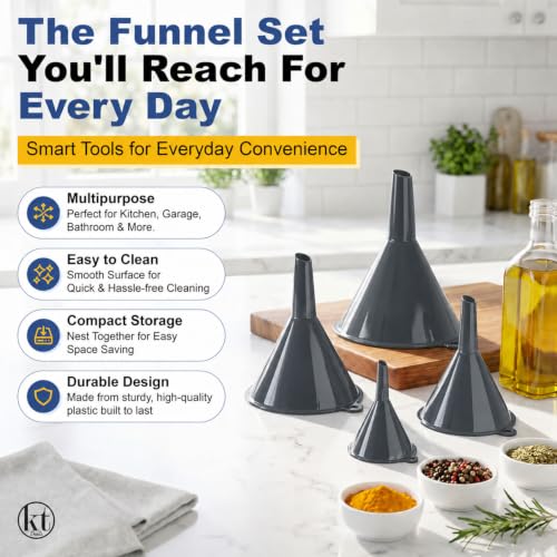4Pcs All Purpose Plastic Funnel Set, Funnels for Kitchen Use Filling Bottles, Mini, Small to Large Funnels for Automotive Use, Liquid Spices Funnel for Water Bottles, Flask, Car Oil and More (Gray) - color: Gray