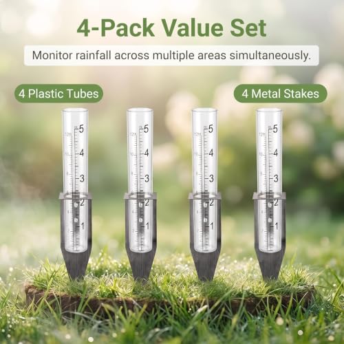 4 Pack Plastic Rain Gauge Outdoor with Metal Stake for Yard Garden Lawn