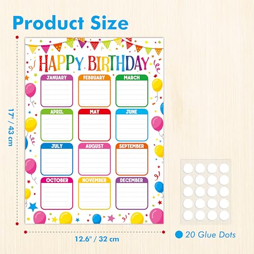 Classroom Birthday Chart With 20 Glue Dots, Colorful Balloon Birthday Poster, Classroom Decorations, Reusable Birthday Wall Calendar, Laminated Birthday Bulletin Board For Teaching Supplies(12.6”X17”) - color: Classroom Birthday Chart(balloon)