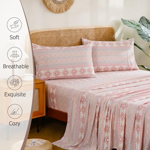 CozySmile Boho Sheet 4 Pieces Queen Sheet Set Bohemian, Boho Sheets Soft Microfiber Deep Pocket, Western Sheets Geometric(Queen, Pastel Pink Geometric) - color: B-pastel Pink Geometric, size: Queen