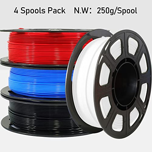 1.75mm Normal PLA 4 Most Basic Colors Bundle Pack: Black Red White Blue, Each Spool 250g, 4 Spools Packed, Total 1Kg 3D Printing Filament Material with One Extra 3D Print Tool by MIKA3D - color: White+black+red+sapphire Blue
