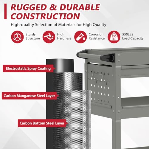 3 Tier Rolling Tool Cart on Wheels, Heavy Duty Industrial Utility Cart Service Cart with Drawer and Screwdriver Rack Pegboard, 550 LBS Mobile Tool Storage Organizer for Workshop, Garage(Gray) - color: Gray