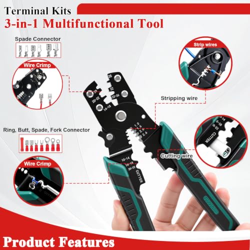 Tnisesm 1100PCS Wire Connector Kit with Crimping Tool, Copper Insulated Electrical Wire Terminals - Ring, Butt, Spade, Fork, Assorted Crimp Connectors in Reusable Carrying Case - color: 1100PCS, size: Crimp style