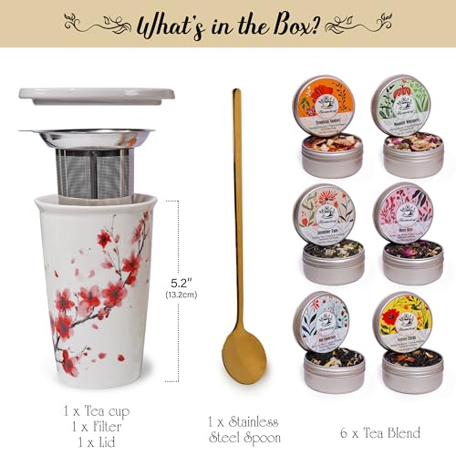 Tea Gift Set for Women - 6 Herbal Loose Leaf Tea Blends, Insulated Ceramic Cup with Infuser & Lid | Birthday, Mother's Day, Anniversary & Retirement Gift for Her - color: Cherry Blossom