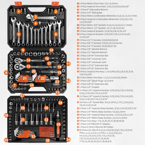 220-Piece Mechanics Tool Set, SAE and Metric Socket Wrench Kit - color: Orange, size: 220-pcs