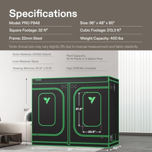 VIVOSUN P848 PRO Grow Tent 4x8 Large Indoor Grow Tents 96"x48"x 80" - size: 96"x48"x80"