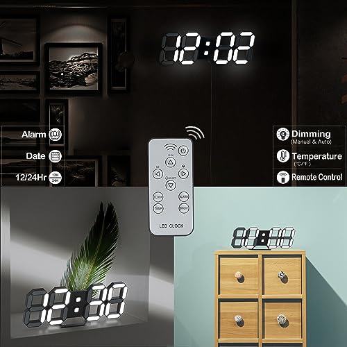KOSUMOSU Digital Clock 3D LED Wall Clock for Living Room Decor 9.7" Alarm Clocks Black Clock Wall Decor Digital Wall Clock,Remote Control/Dimmer/Date/Temperature - color: 9.7in Black Clock-white Light