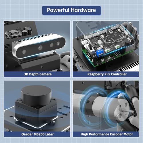 ROS2 Robot Car for Raspberry Pi 5 Programmable AI Smart Robot Kit 3D Depth Camera Lidar SLAM Mapping Navigation Path Planning Autonomous Driving 360° Movement Chassis, MentorPi M1 with RPi 5 4GB