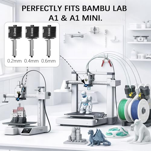 A1/A1 Mini/A2L 0.2+0.4+0.6mm Hardened Steel Nozzle for Bambu Lab,3 Pack - size: Mixed 0.2+0.4+0.6mm (3 Pack)