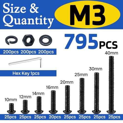 795PCS M3 Screws Assortment Kit M3x10/12/14/16/20/25/30/40mm - size: M3x10/12/14/16/20/25/30/40MM