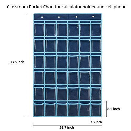 SAVERHO 36 Clear Pockets Classroom Pocket Chart for Cell Phone and Calculator Holder, Door Hanging Pocket Chart for Classroom Phone Holder with Number Sticker and Hooks (Blue) - color: Blue-1pack of 36pockets