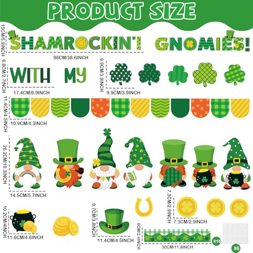St. Patrick's Day Gnome Bulletin Board Set Shamrockin' with My Gnomies Classroom Decor Lucky Gnome Shamrocks Gold Coin Paper Cutouts Shamrock Bulletin Board Border for Green Irish Holiday School Decor - style: Shamrocks