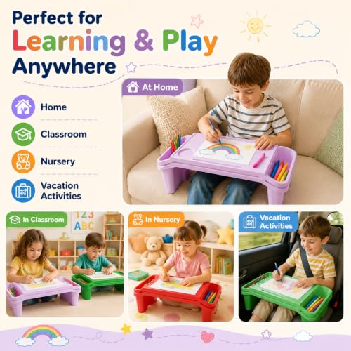 6-Pack Lap Desks for Kids, Lightweight Stackable Lap Trays with Cup Holder & Phone Slot, 33lbs Load Capacity Kids Lap Desk Tray for Writing Eating Reading on Bed Couch, Home School, 19.7x9.8x7.1 - color: Red+green+purple