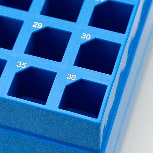 Globe Scientific 3058 Storage Box with Lid for 15mL Centrifuge Tube, 36-Place, 6x6, PP, Blue Base & Clear Lid, Pack of 4