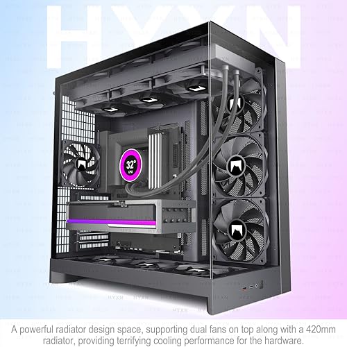 H2 (2026) HYXN ATX PC Case, Pre-Installed 8 No ARGB Fans (6X140mm,2X120mm), Large Dual-Chamber ATX Mid-Tower Airflow Computer Case, Gaming PC Case, 420mm Radiator Support, Type-C 3.2, Black - color: Black