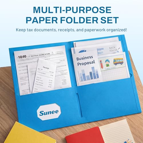 SUNEE Two Pocket Folders, 50 Pack File Folders with Business Card Slot, Textured Paper, Fit Letter Size Paper, Paper File Folder for School Office Home Business, Blue - color: Blue
