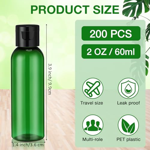 Zhehao 200 Pcs 2 oz Green Plastic Empty Bottles with Lids(Black Cap) - color: Black Cap, Green