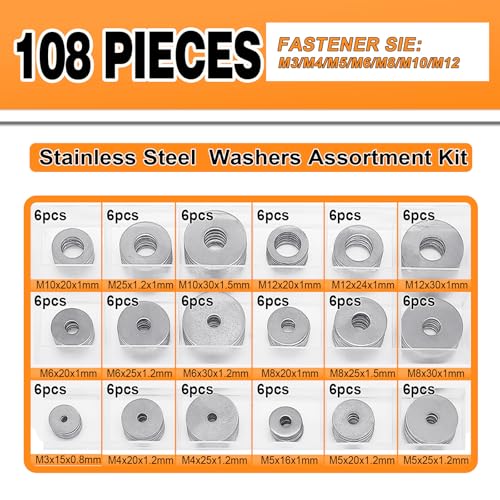 108-Piece, 18 Size, Stainless Steel Flat Washers Assortment Kit, Metal Screw Washers Set for Bolts, Industrial, Covering M3, M4, M5, M6, M8, M10, M12 - size: Stainless Steel - 108Pcs