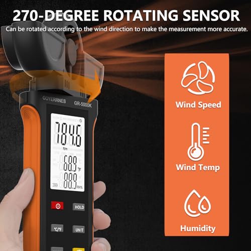 Handheld Anemometer, Digital Wind Speed, Temperature, Humidity Gauge Meter, Air Flow Velocity CFM Measuring Device for HVAC Outdoor Sailing Shooting Golf