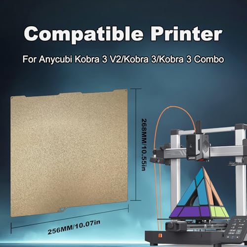 256x268mm Gold PEI Build Plate for Anycubi Kobra 3 V2/Kobra 3/Kobra 3 Combo, Double Sided Textured PEI Flexible Spring Steel Platform Heated Printing Bed for Anycubi Kobra 3D Printer - size: 256x268mm