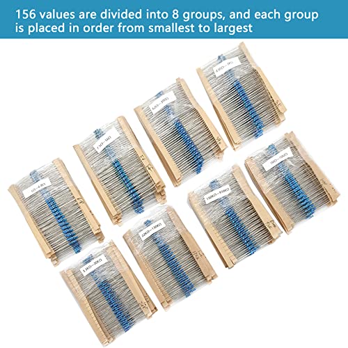 3120pcs 156 Values Metal Film Resistor Kit Minidodoca 1 Ohm-10M Ohm 1/4W 0.25 watt ±1% Tolerance Fixed Resistors Assortment Kit RoHS Compliant 100 1000 1k 10k 100k ohm Resistor Pack for DIY Projects - style: 1/4 watt-156 values-3120pcs